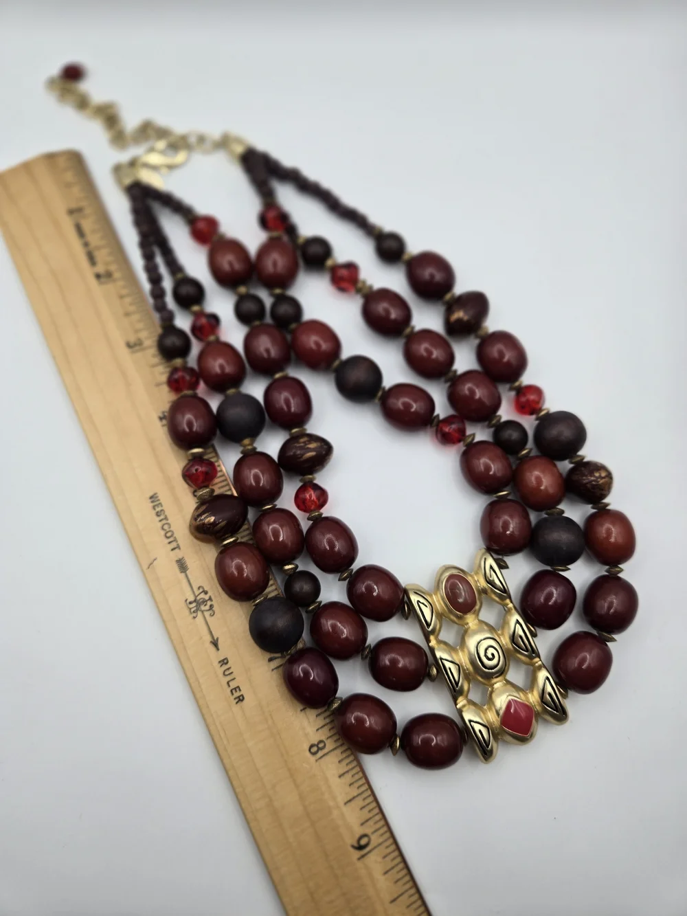 Chico's MultiStrand Burgundy Red Gold Statement Necklace Tribal Focal Chunky Bib